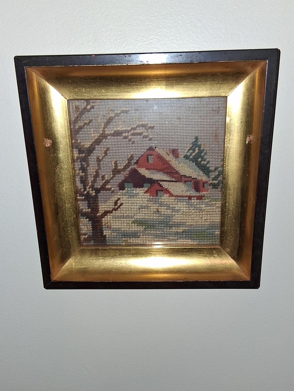 Framed Vintage Needlepoint Winter Cottage Wall Art - Red & Gold